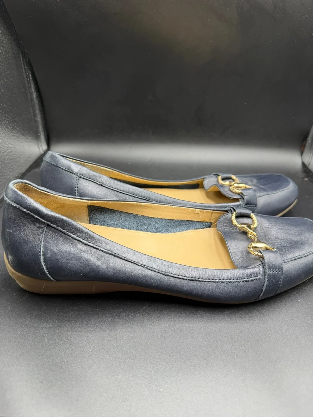 Easy spirit Classic Navy Leather Women’s Loafers with Gold Bit Detail